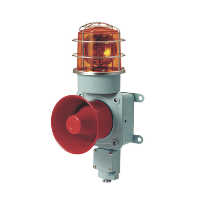 Combinación de luz de advertencia giratoria color Ámbar con bocina eléctrica para aplicaciones de la industria a 24 VCD, máx. 120 dB (No Incluye guarda)