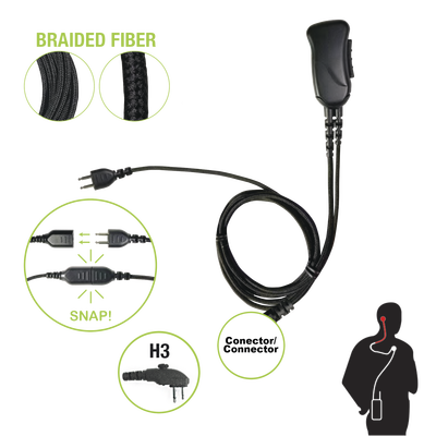 Braided Fiber 1 Cable Lapel Mic W/ Snap Connect for Hytera Connector. Select Different Earphones Not Included