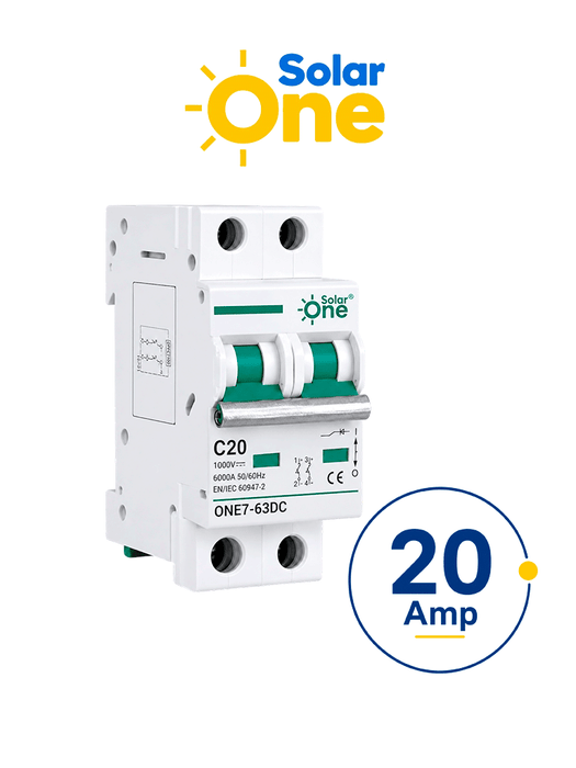 Interruptor termomagnético de corriente Directa 2 Polos 20 Amp / 1000 VDC  / Estándar UL / Protección con sistema de disparo termomagnético / Montaje riel Din / Protección IP20