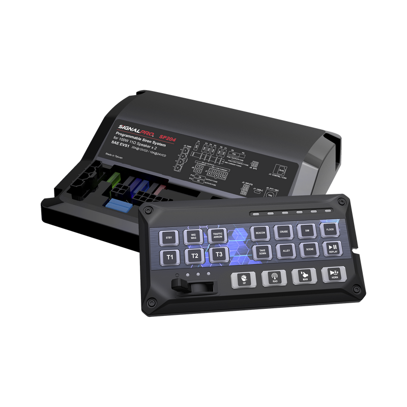SP204R Sirena Vehicular de 200W de Potencia, Con Controlador de Panel Deslizante de 19 botones, indicador de flecha de tráfico de 6 LED, 12 Salidas Auxiliares