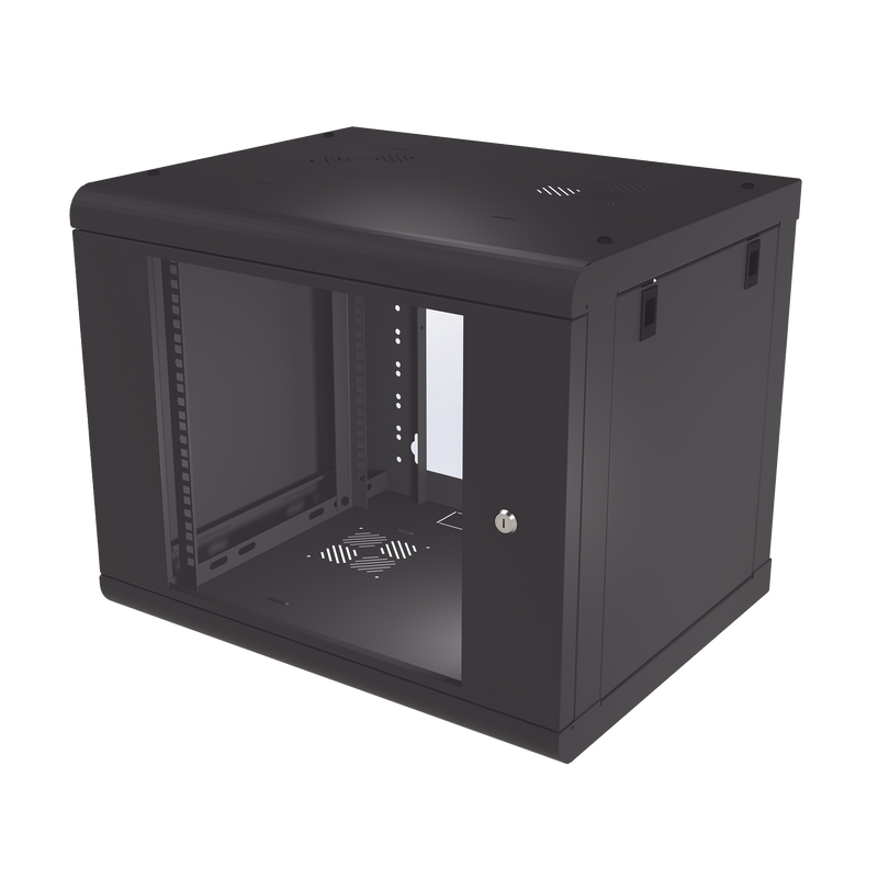 Gabinete de Pared de 9U con Puerta de Cristal Templado, 479.5 mm de Profundidad, Rack de 19, Acero Reforzado Color Negro.