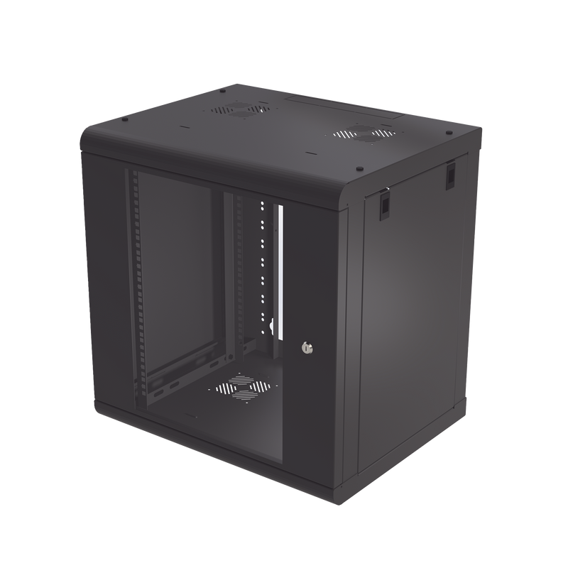 Gabinete de Pared de 12U con Puerta de Cristal Templado, 479.5 mm de Profundidad, Rack de 19, Acero Reforzado Color Negro.