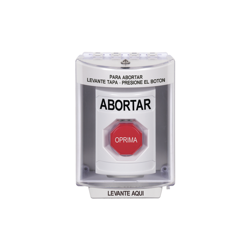 SS2382AB-ES Botón de Abortar, Bocina de Advertencia Integrada, Texto en Español, Tapa Protectora de Policarbonato Súper Resistente con Espaciador, Restablecimiento con Llave