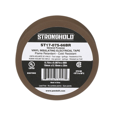 Cinta Eléctrica STRONGHOLD para Aislar, de PVC, Uso General Reparación y Mantenimiento, Grosor de 0.18mm (7 mil), Ancho de 19mm, y 20.12m de Largo, Color Café - Toer
