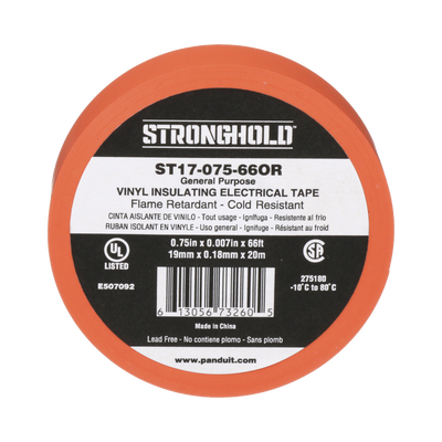 Cinta Eléctrica STRONGHOLD para Aislar, de PVC, Uso General Reparación y Mantenimiento, Grosor de 0.18mm (7 mil), Ancho de 19mm, y 20.12m de Largo, Color Naranja - Toer
