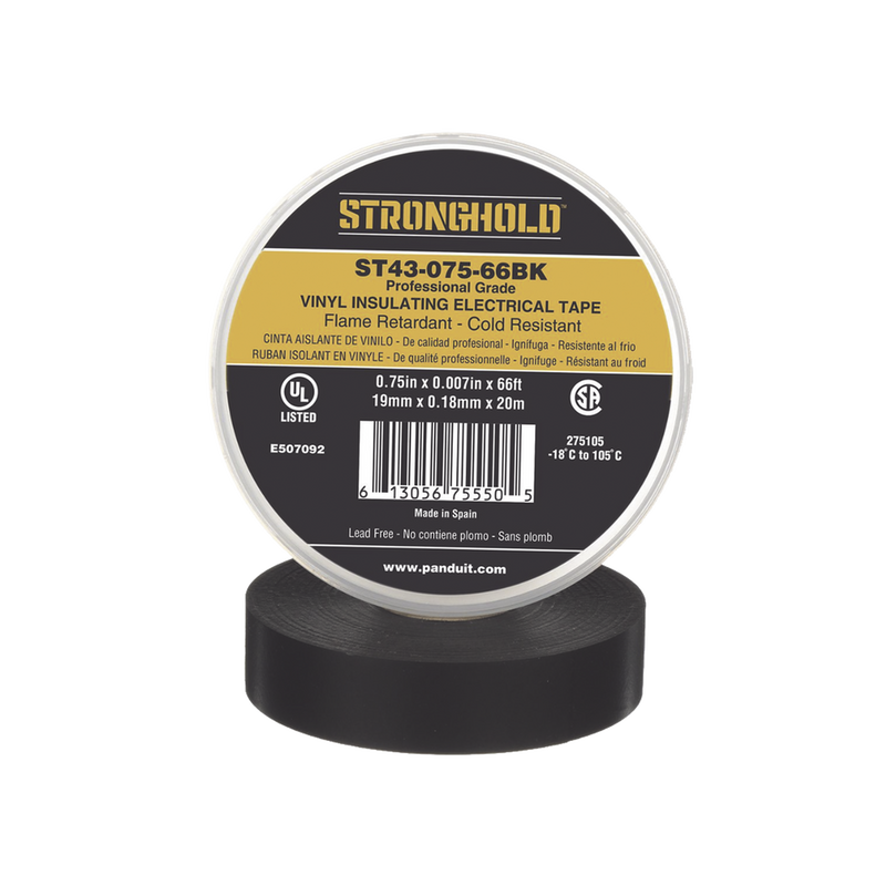 ST43-075-66BK Cinta Eléctrica STRONGHOLD para Aislar, de PVC, Uso Profesional en Construcción Eléctrica, Grosor 0.18mm (7 mil), Ancho 19mm, y 20m Largo, Color Negro.