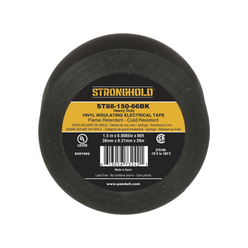 Cinta Eléctrica STRONGHOLD para Aislar, de PVC, Trabajo Pesado Eléctrico Industrial (Soporta UV, abrasión, agua, aceite y corrosión), Grosor de 0.21 mm (8.5 mil), Ancho de 38 mm, y 20 m de Largo, Uso Interior/Exterior, Color Ne