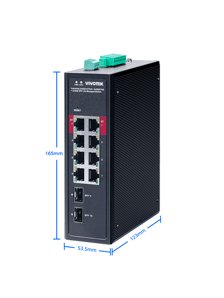 VIVOTEK AWIHB1040EXT - Switch PoE Industrial 8 puertos PoE, Administrable, 2 puertos PoE GbE 90W, 6 puertos GbE 30W, 2 puertos GbE SFP, 300W Totales, Modo PoE Extendido hasta 250 mts, 20Gbps, VLAN. Incluye gabinete para Exterior, IP66, Antivandalico IK10