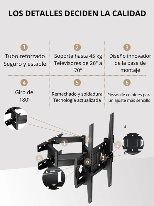 TCE LMEPB64EW - Soporte de Pared Articulado para Pantallas de 26 a 70" , Carga Máxima 45 Kg , VESA 400X400mm, Angulo de Inclinación 15°, Giro 90°