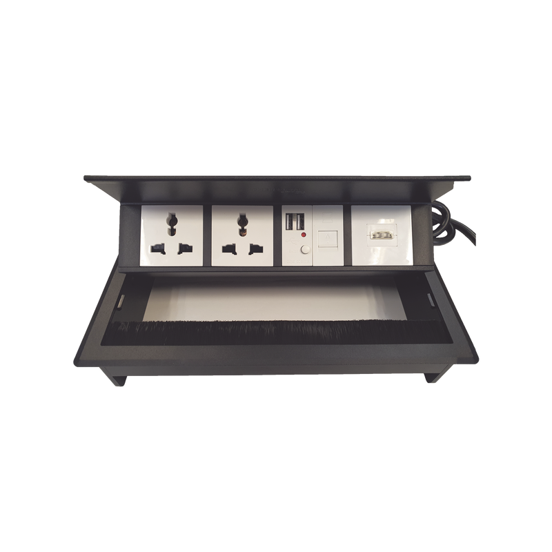 Caja Horizontal tipo Hub para escritorio color negro, con 1 Puerto HDMI Hembra-Hembra, 1 puerto RJ45 Cat6,  2 Puertos USB (Solo carga),  y 2 Contactos eléctricos universales