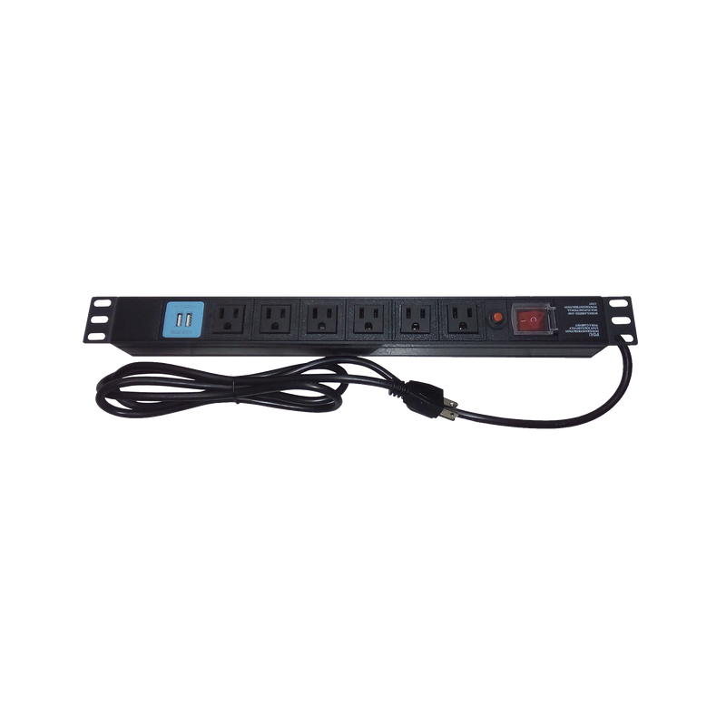 Tomacorriente Horizontal (PDU) de 6 contactos (NEMA 5-15R) + 2 USB para instalación en Rack de 19, 1UR, 125 Vca/ 15 A (THE0040091001001)