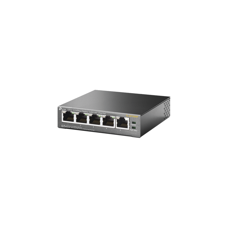 TL-SF1005P Switch PoE no Administrable de escritorio / 5 puertos 10/100 Mbps / 4 puertos PoE af/at / Presupuesto 67 W / Modo Extensor hasta 250 m / Calidad video prioritaria