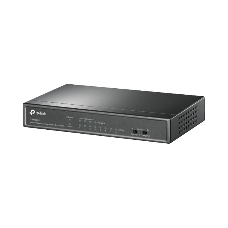 TLSF1008LP Switch PoE No Administrable de Escritorio / 8 puertos 10/100 Mbps / 4 puertos PoE af / Presupuesto 41 W / Modo extensor PoE hasta 250 metros / Calidad video prioritaria