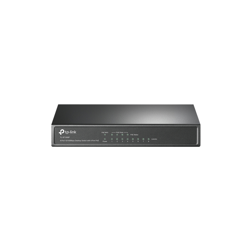 TL-SF1008P Switch PoE+ No Administrable / De Escritorio 8 puertos 10/100 Mbps / 4 puertos PoE af/at Inteligente / Presupuesto 66 W / Hasta 250 metros