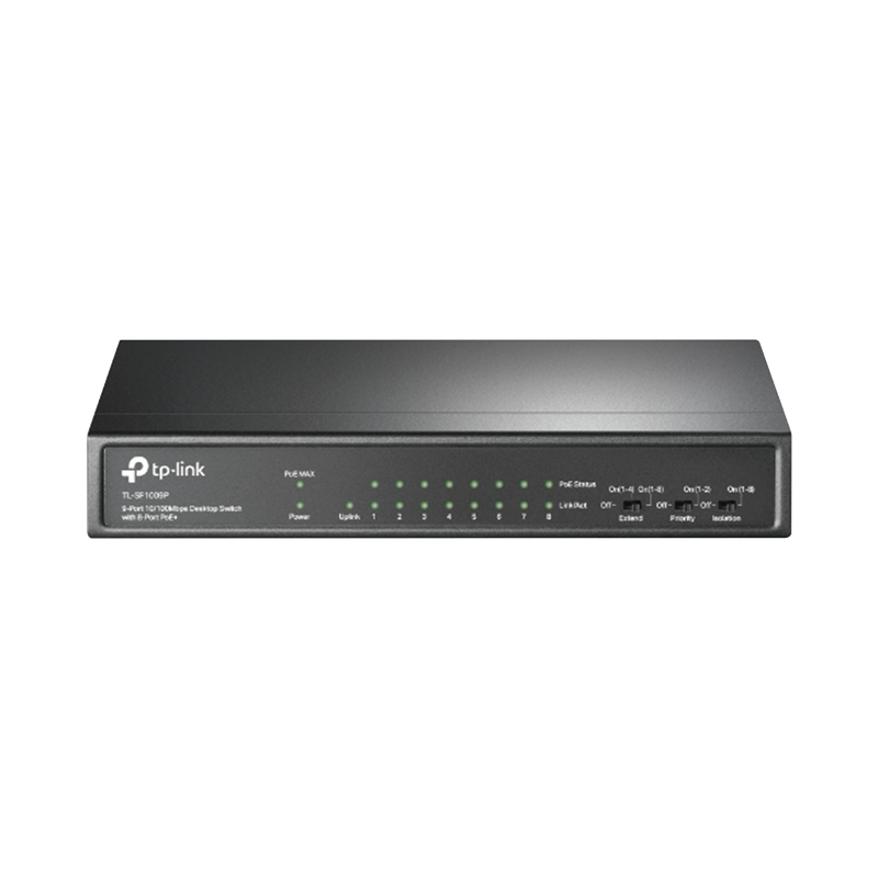 TLSF1009P Switch PoE+ No Administrable / De Escritorio 9 puertos 10/100 Mbps / 8 puertos PoE af/at Inteligente / Presupuesto 65 W / Hasta 250 metros