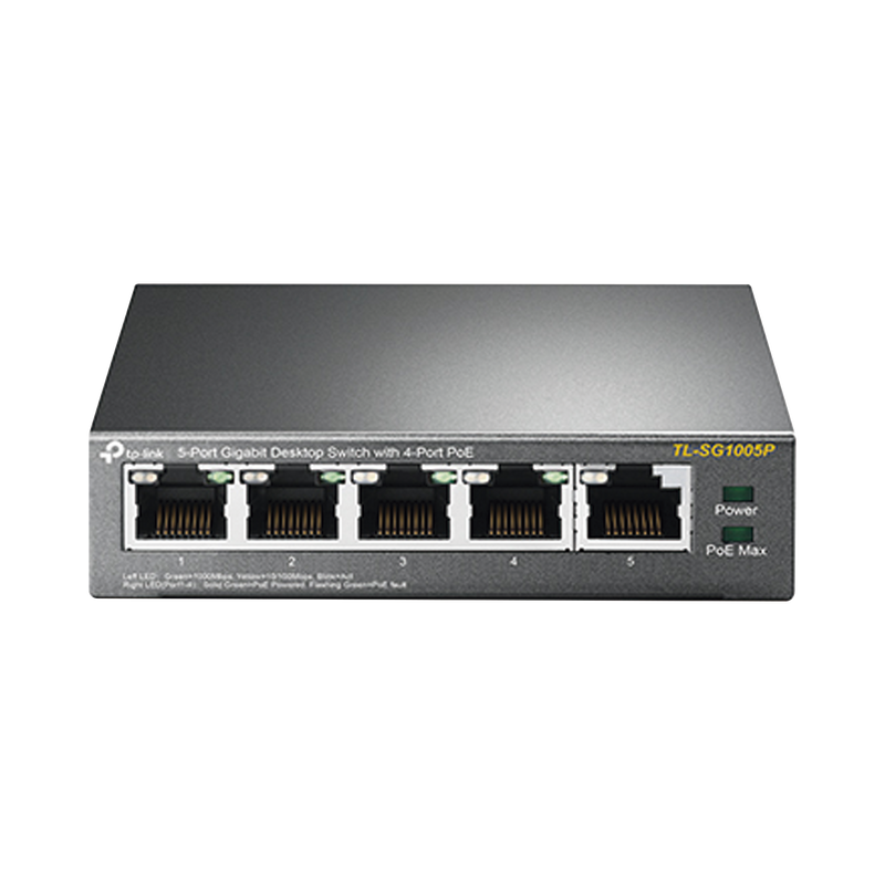 TL-SG1005P Switch Escritorio No Administrable de 5 puertos 10/100/1000 Mbps / Con 4 puertos PoE 802.3af/at de hasta 65 W / PoE Extendido hasta 250 metros