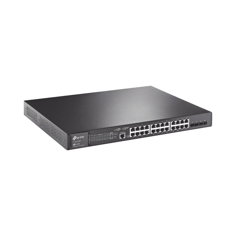 TL-SG3428MP Switch L2+ Omada PoE+ / 24 Puertos PoE+ 10/100/1000 Mbps / 4 Puertos SFP 1G / 2 Puertos Consola (RJ45 y microUSB) / Administración Centralizada Omada o Stand-Alone / Multicast IGMP / Calidad de Servicio / Presupuesto PoE 384W / Montaje en Rack