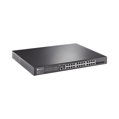 Switch L2+ Omada PoE+ / 24 Puertos PoE+ 10/100/1000 Mbps / 4 Puertos SFP 1G / 2 Puertos Consola (RJ45 y microUSB) / Administración Centralizada Omada o Stand-Alone / Multicast IGMP / Calidad de Servicio / Presupuesto PoE 384W / Montaje en Rack - Toer