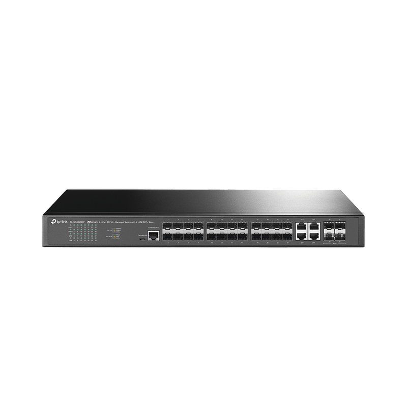 TL-SG3428XF Switch de Fibra Óptica L2+ Omada / 24 puertos SFP 1GE / 4 Puertos Combinados SFP+/RJ45 Gigabit / 2 Puertos Consola RJ45|micro-SUB / Administración Centralizada Omada o Stand-Alone / Compatile con IPv6 /  Multicast IGMP