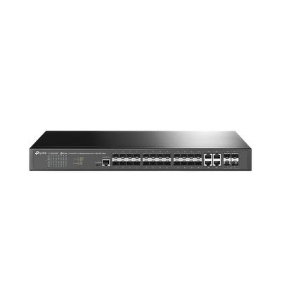 Switch de Fibra Óptica L2+ Omada / 24 puertos SFP 1GE / 4 Puertos Combinados SFP+/RJ45 Gigabit / 2 Puertos Consola RJ45|micro-SUB / Administración Centralizada Omada o Stand-Alone / Compatile con IPv6 /  Multicast IGMP - Toer