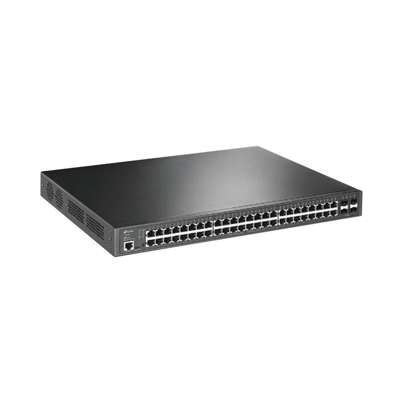 TL-SG3452P Switch L2+ Omada PoE+ / 48 Puertos PoE+ 10/100/1000 Mbps / 4 Puertos SFP 1G / 2 Puertos Consola (RJ45 y microUSB) / Administración Centralizada Omada o Stand-Alone / Multicast IGMP / Calidad de Servicio / Presupuesto PoE 384W / Montaje en Rack