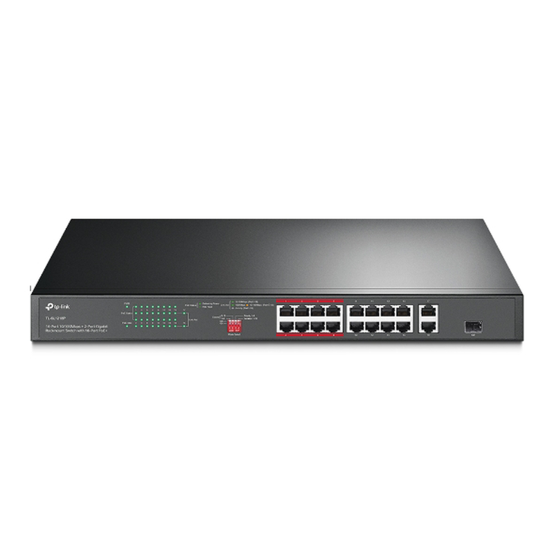 TL-SL1218P Switch PoE+ no Administrable 16 puertos 10/100 Mbps + 2 puertos 10/100/1000 Mbps + 1 puerto SFP, 8 puertos Extensor PoE (hasta 250 m), 150W, diseño para Vigilancia IP