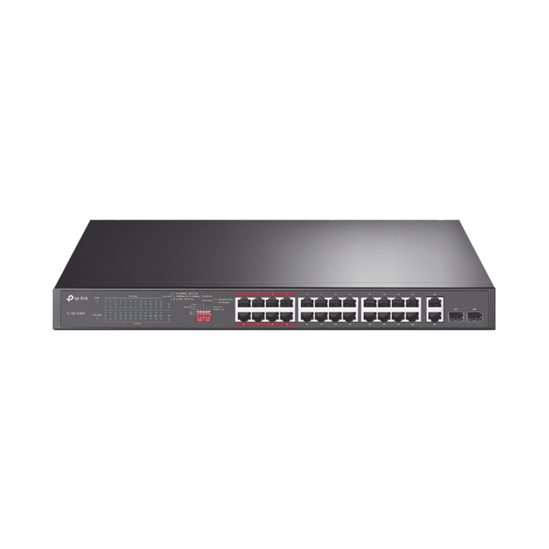 TL-SL1226P Switch No Administrable 24 Puertos PoE+ 10/100 Mbps / 2 Puertos 10/100/1000 Mbps + 2 Puertos SFP (combo) / Modo Prioridad de Tráfico / Modo Aislamiento de Red / Presupuesto PoE de 250 W / Diseño para Ideal para Vigilancia IP