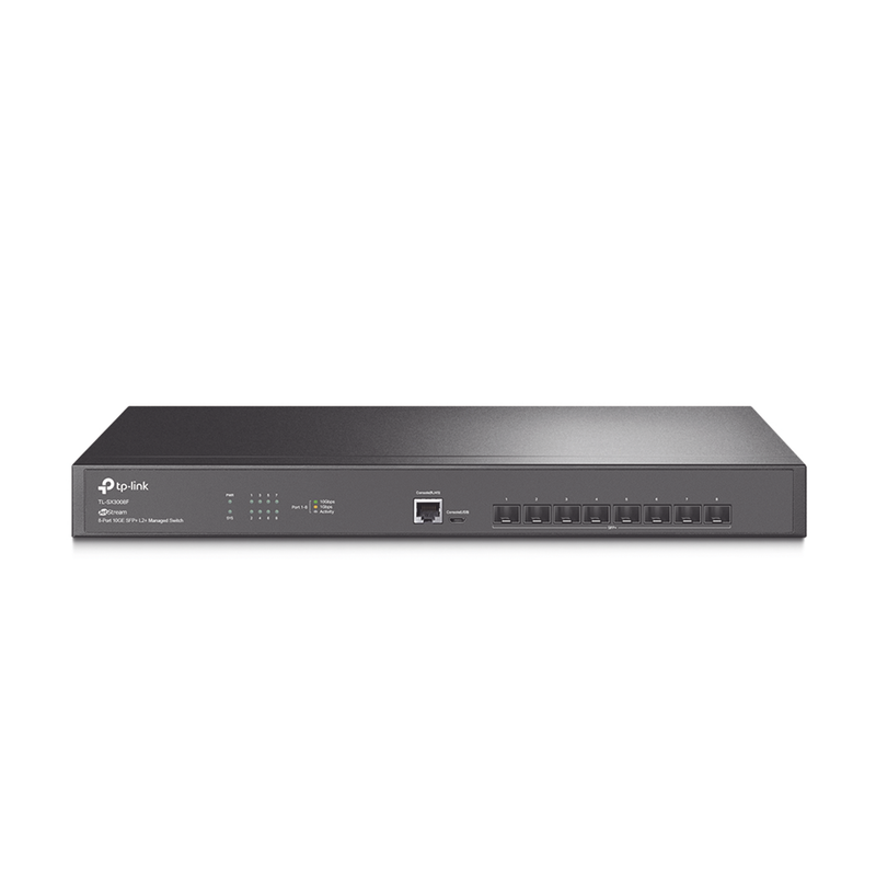 TL-SX3008F Switch Fibra Óptica L2+ Omada / 8 Puertos SFP+ 10G /  2 Puertos Consola (RJ45 y micro-USB) / Administración Centralizada Omada o Stand-Alone / Multicast IGMP / Calidad de Servicio / Montaje en Rack / Silencioso (sin ventiladores)