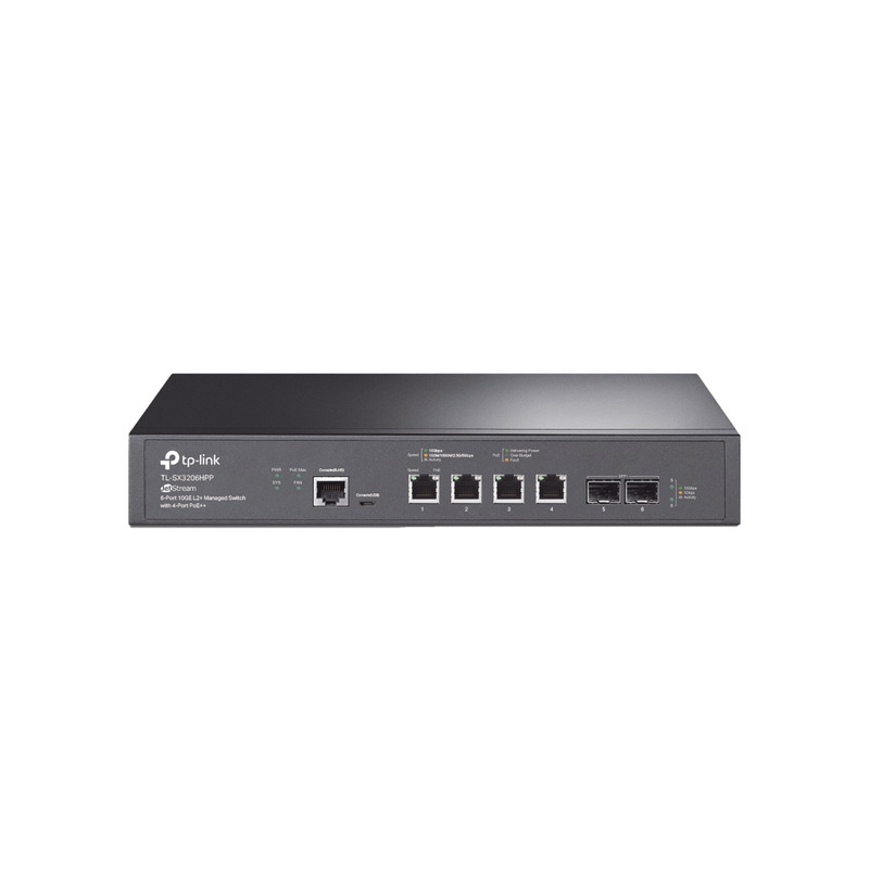 TL-SX3206HPP Switch L2+ PoE++ Omada 6 Puertos 10G / 4 Puertos 802.3 af/at/bt  Multi-Gigabit  1G, 2.5G, 5G, 10G / 2 Puertos SFP+ 10G / Multicast IGMP / Adminstración Centralizada Omada o Stand-Alone / Presupuesto PoE 200W / Montaje Rack-Escritorio