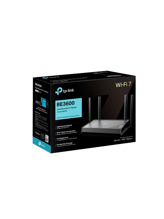 TP-LINK Archer BE220 - Router WiFi 7 de Doble Banda a 3.6 Gbps/ Puertos 1× Puerto WAN de 1 Gbps + 4× puertos LAN de 1 Gbps/ 4× Antenas Externas con Beamforming/ Compatible con EasyMesh