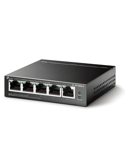 TP-LINK TL-SF1005LP -  Switch PoE no administrable con 5 puertos Fast Ethernet, incluyendo 4 puertos PoE AF. Presupuesto PoE de hasta 41W y modo extendido para conexiones de hasta 250m.