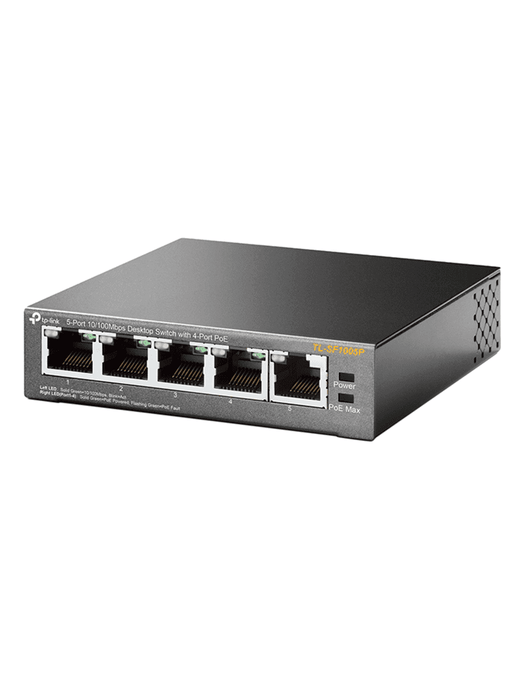 TP-LINK TL-SF1005P - Switch PoE no administrable con 5 puertos Fast Ethernet, incluyendo 4 puertos PoE AF. Suministro PoE hasta 67W y modo extendido para conexiones de hasta 250m.
