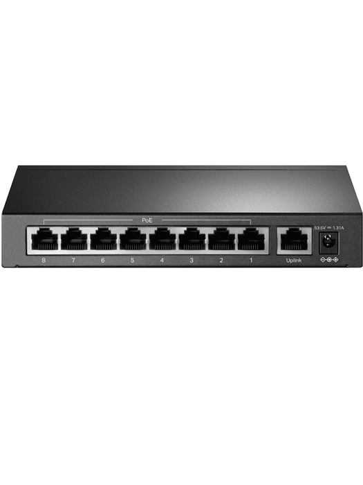 TP-LINK TL-SF1009P - Switch PoE no administrable con 9 puertos Fast Ethernet, incluidos 8 puertos PoE AF y AT. Ofrece un presupuesto PoE de hasta 65W y soporta modo extendido para conexiones de hasta 250 metros.