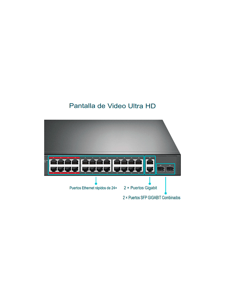 TP-LINK TL-SL1226P - Switch PoE+ no administrable con 26 puertos 10/100 Mbps, 2 puertos 10/100/1000 Mbps y 2 puertos SFP. Incluye 8 puertos extensores PoE (hasta 250 m) con una capacidad de 250W, diseñado específicamente para vigilancia IP.