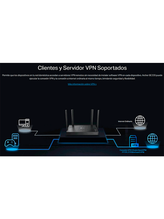 TP-LINK Archer BE220 - Router WiFi 7 de Doble Banda a 3.6 Gbps/ Puertos 1× Puerto WAN de 1 Gbps + 4× puertos LAN de 1 Gbps/ 4× Antenas Externas con Beamforming/ Compatible con EasyMesh