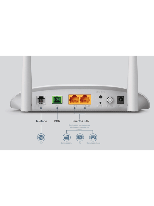 TP-LINK - XN020-G3v - Router GPON VoIP Gigabit inalámbrico N de 300 Mbps en frecuencia de 2.4 GHz. 1 puerto GPON SC-APC, 2 puertos LAN (1 Gigabit Ethernet, 1 Fast Ethernet) y 1 puerto POTS (FXS). Compatible con AgiNet Config y AgiNet ASC