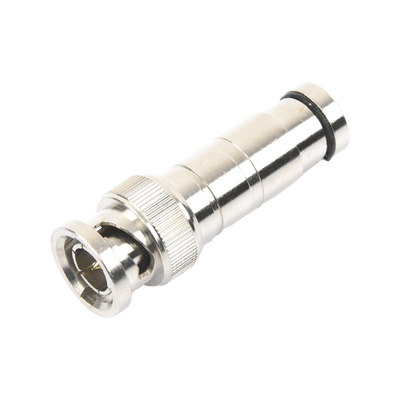 Conector BNC Macho en 75 Ohm, de Compresión Axial para Cable Coaxial RG-59/U, Níquel/ Oro/ Politetrafluoroetileno. - Toer