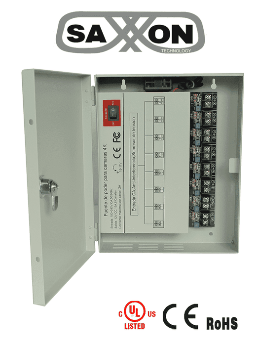 SAXXON PSU1213D8H- Fuente de Poder Profesional de 11 a 15 vcd/ 13 Amperes/ Para 8 Camaras Hasta 4k/ 1.6 Amperes por Canal/  Protección contra Sobrecargas/ Filtro de Ruido por Canal/ Uso rudo/