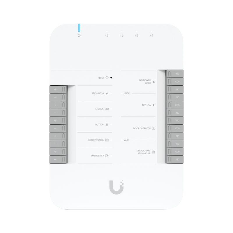 UA-HUB-DOOR UniFi Access Hub Door, puede conectar 2 lectores y 2 cámaras (no incluidos) para controlar solo una puerta / 2 terminales AUX y 4 entradas adicionales (sensores y botones) POE 802.3bt no incluido