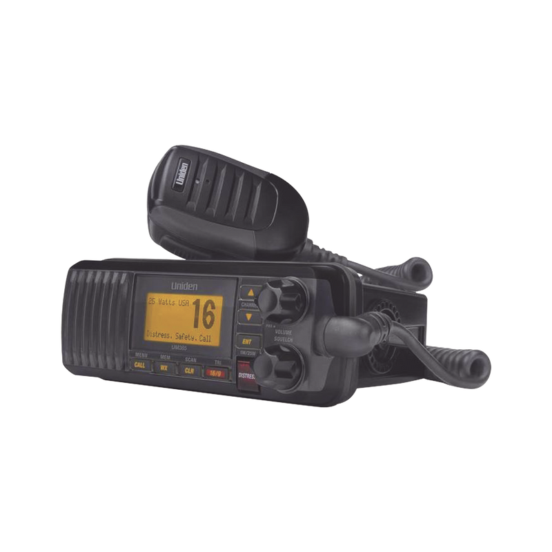 UM-385BK Radio Móvil Marino VHF, color negro, 25 W de potencia, sumergible IPX4, rango de frecuencia.: Tx: 156.025-157.425 MHz, Rx: 156.050-163.275 MHz. incluye micrófono y cable de alimentación