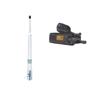 Kit de radio móvil VHF marino modelo UM-385 color negro y antena marina Shakespeare en fibra de vidrio 5101 - Toer