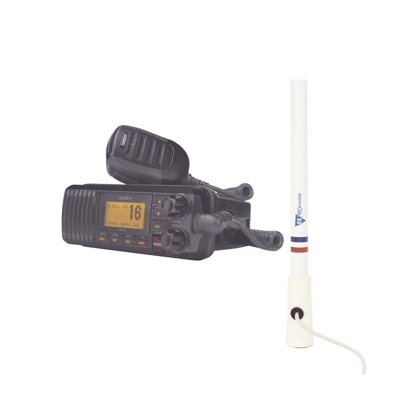 UM-385BK/KIT5206 Kit de radio UM385BK | mas antena marina de fibra de vidrio TX-5206-SYS y soporte para antena 4186
