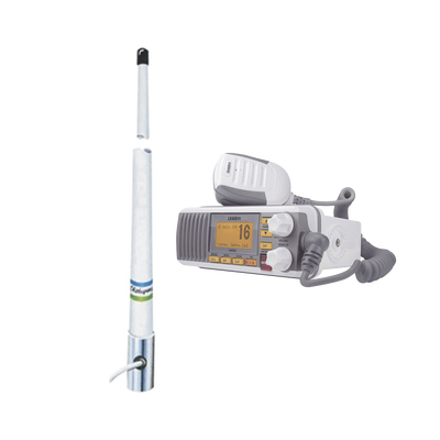 Kit de radio móvil VHF marino modelo UM-385 color blanco y antena marina Shakespeare de fibra de vidrio 5101 - Toer