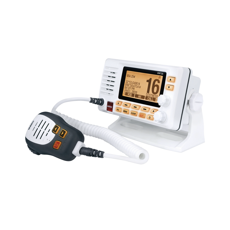 UM-725G Radio Móvil Marino VHF, color blanco con receptor de GPS integrado, puerto de conexión NMEA 2000, 25W de potencia de RF, sumergible IPX8.