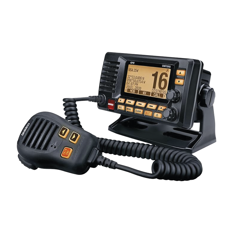 UM725GBK Radio Móvil Marino VHF, color negro con receptor de GPS integrado, puerto de conexión NMEA 2000, 25W de potencia de RF, sumergible IPX8.