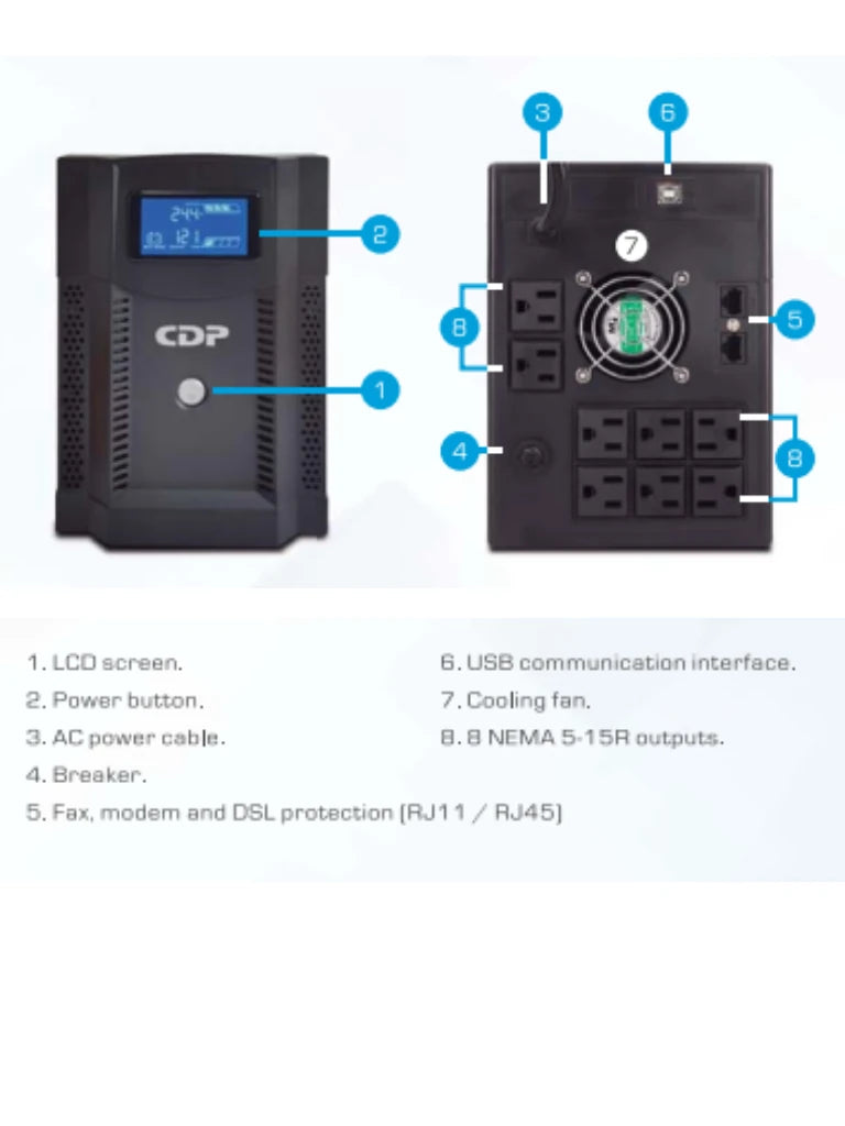 CDP UPRS2008 - UPS de 2000VA y 1400W con onda senoidal pura, baterías de 12V a 9AH x 2, interfaz de comunicación USB, disponible sobre pedido