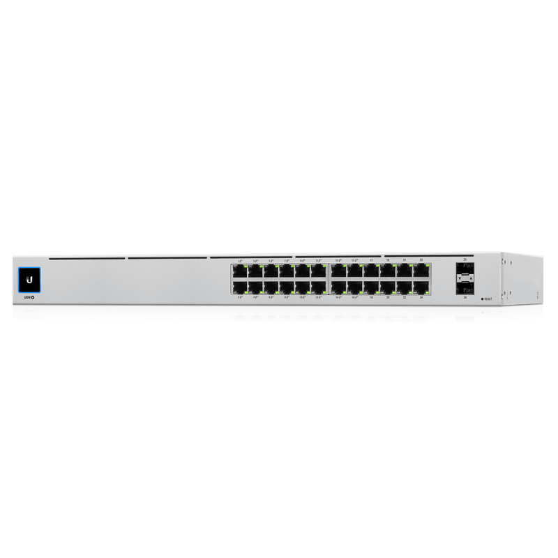 UBIQUITI USW-24-POE UniFi Switch Gen2, Capa 2 de 24 puertos (16 PoE 802.3af/at + 8 Gigabit) + 2 puertos 1G SFP, con 95W de potencia y pantalla informativa.