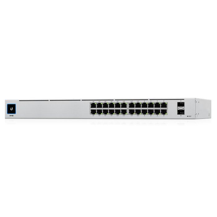 UBIQUITI USW-24-POE UniFi Switch Gen2, Capa 2 de 24 puertos (16 PoE 802.3af/at + 8 Gigabit) + 2 puertos 1G SFP, con 95W de potencia y pantalla informativa.