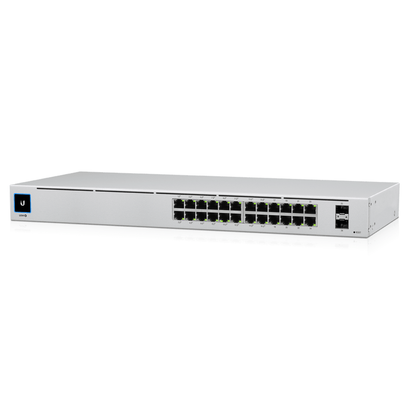 UBIQUITI USW-24-POE UniFi Switch Gen2, Capa 2 de 24 puertos (16 PoE 802.3af/at + 8 Gigabit) + 2 puertos 1G SFP, con 95W de potencia y pantalla informativa.