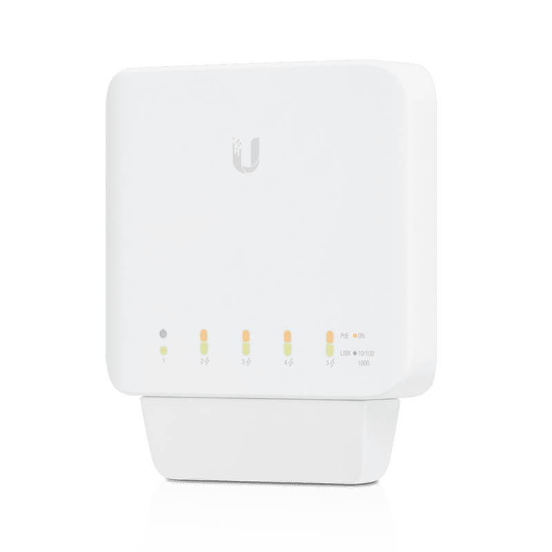 UBIQUITI USW-FLEX Switch UniFi para exterior IP55 de 5 puertos 10/100/1000, con 1 puerto PoE de entrada 802.3af/at/bt y 4 puertos PoE de salida 802.3af. Compatible con Inyector PoE-50-60W y UTP7201GE-PSE60. No incluye inyector PoE.